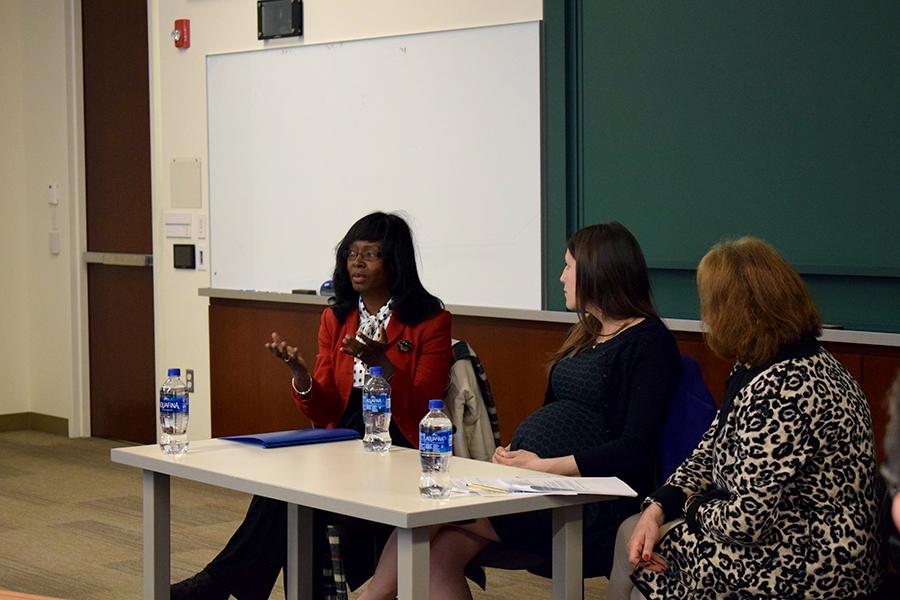 Kim Folsom speaks at “Connecting the Heart to the Mind to the Wallet” on Thursday. The discussion addressed approaching business ventures in the context of social impact and innovation. PHOTO BY LILLIAN LI/DAILY FREE PRESS STAFF 

