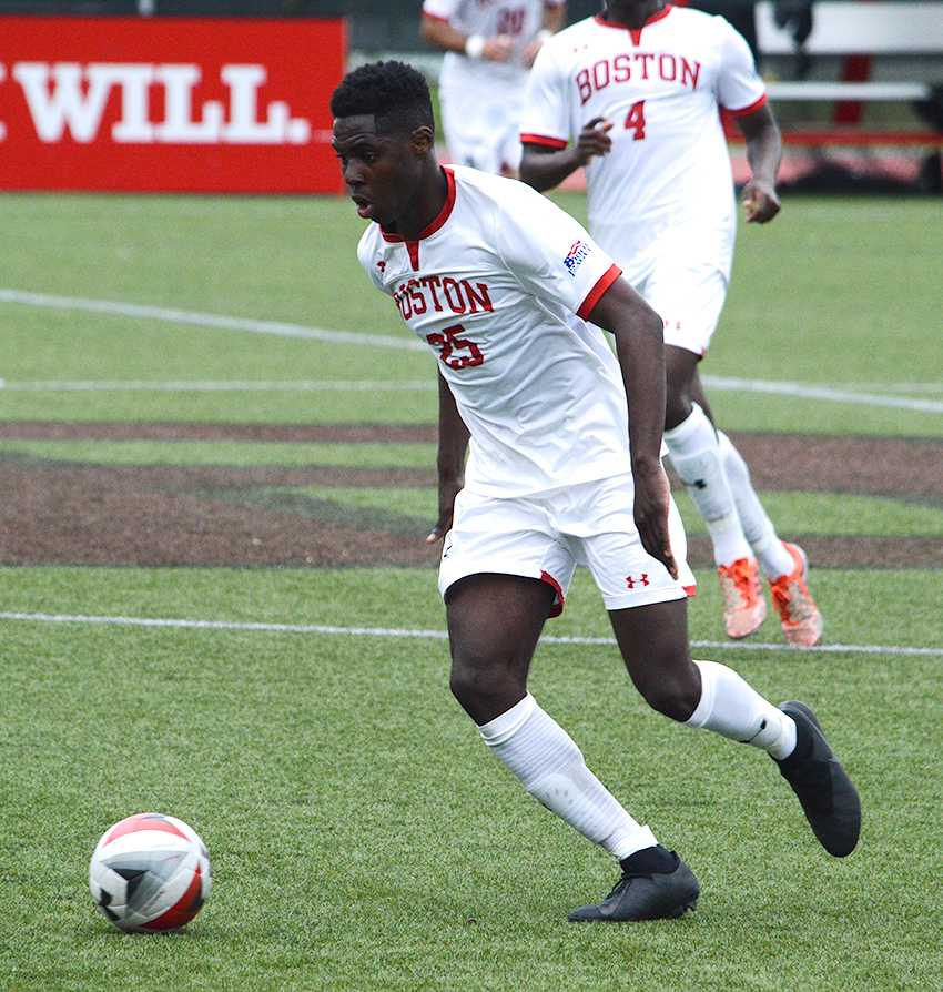 Sophomore defender George Abunaw in an Oct. 6 match against Lafayette College. Abunaq recorded a shot against Northeastern University in a 2-0 loss Tuesday evening. VIGUNTHAAN THARMARAJAH/ DAILY FREE PRESS STAFF