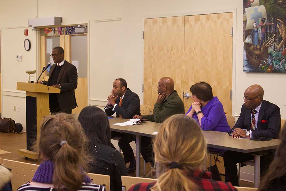 Panelists during the “Moral Courage and Guns” event at BU on March 14. PHOTO BY MAGGIE LEONE/ DAILY FREE PRESS STAFF

