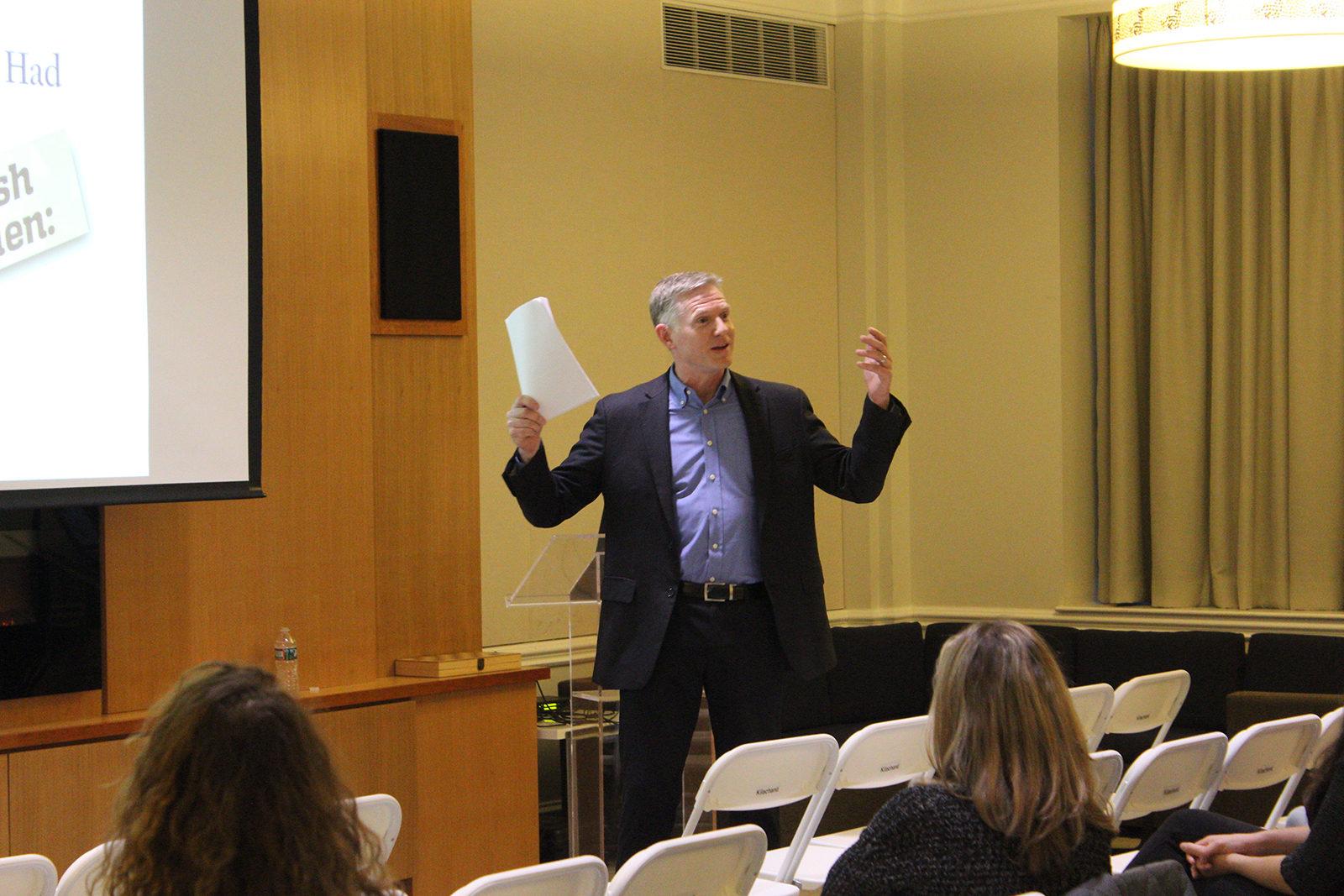 Oxford University Press President Niko Pfund speaks at Kilachand Hall Thursday afternoon about being successful at a young age. PHOTO BY MAGGIE LEONE/ DAILY FREE PRESS STAFF