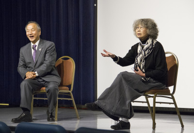 Dai-Sil Kim-Gibson, director of "People Are the Sky: A Journey to North Korea," answers questions with Bishop Hee-Soo Jung following a screening of her documentary on Tuesday in the GSU Auditorium. PHOTO BY SARAH SILBIGER/DAILY FREE PRESS STAFF