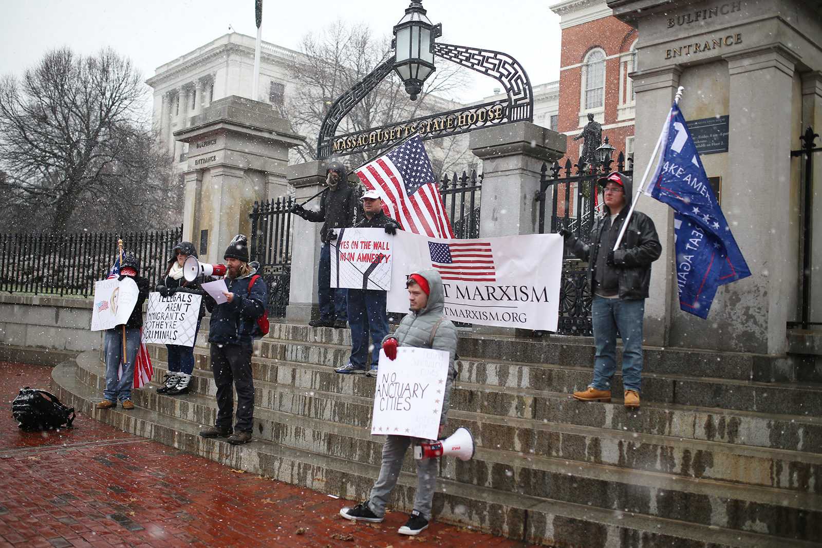 Resist Marxism attends the No Sanctuary Cities rally on the State House steps Saturday afternoon. PHOTO BY PAIGE WARD/ DAILY FREE PRESS STAFF