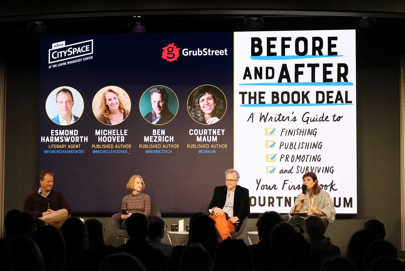 Author Courtney Maum moderates a panel based on her recent book, “Before and After the Book Deal,” at a panel at WBUR CitySpace Tuesday. CHIKA OKOYE/ DAILY FREE PRESS STAFF