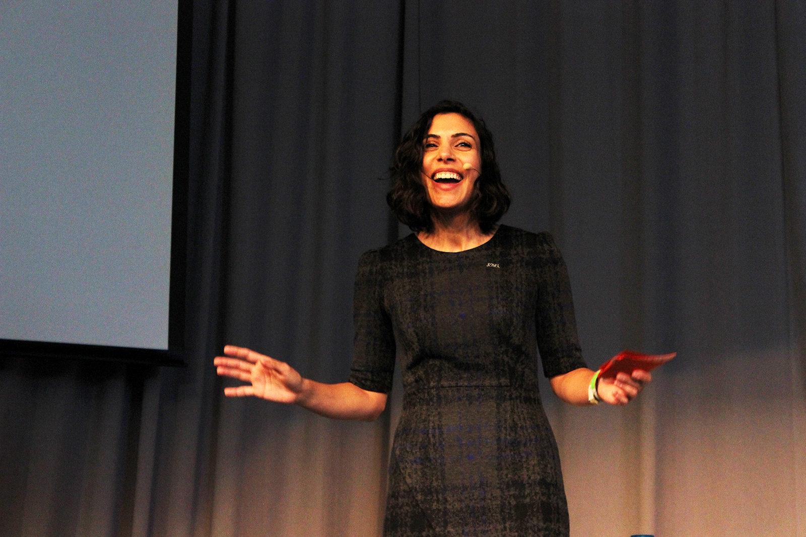 Hala Hanna, director of economic prosperity at Solve, shares results of MIT Solvers workshop at Women@Forbes Tuesday afternoon. PHOTO BY JENNI TODD/ DAILY FREE PRESS STAFF