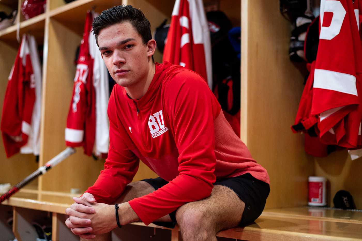 Sophomore forward Shane Bowers. Bowers has a few pregame superstitions which develop throughout each season. MADDIE MALHOTRA/ DAILY FREE PRESS STAFF