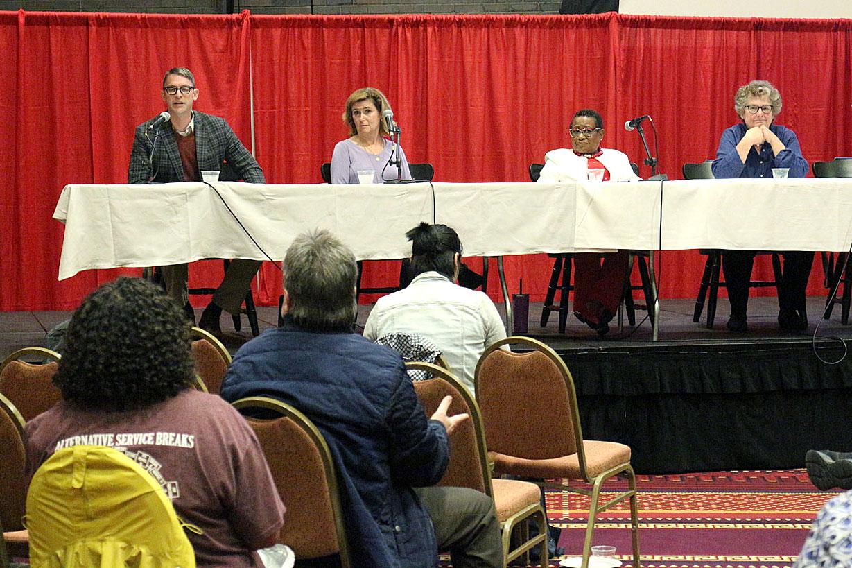 From left to right: Professor Christopher Martell, professor Mary Collins, Howard Thurman Center Director Katherine Kennedy and professor Virginia Sapiro speak at a panel Tuesday evening at the Metcalf Ballroom. The panel, hosted by the Howard Thurman Center, explored drivers of civic action and voter turnout among youth. PHOTO BY MADDIE EPPERSON/ DAILY FREE PRESS STAFF