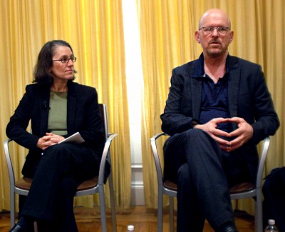 Boston Globe Arts editor Rebecca Ostriker (left) and Boston University film professor Charles Merzbacher speak at “The Cultural City,” a panel hosted by the Initiative on Cities on Tuesday. PHOTO BY ALEX MASSET/DAILY FREE PRESS STAFF 