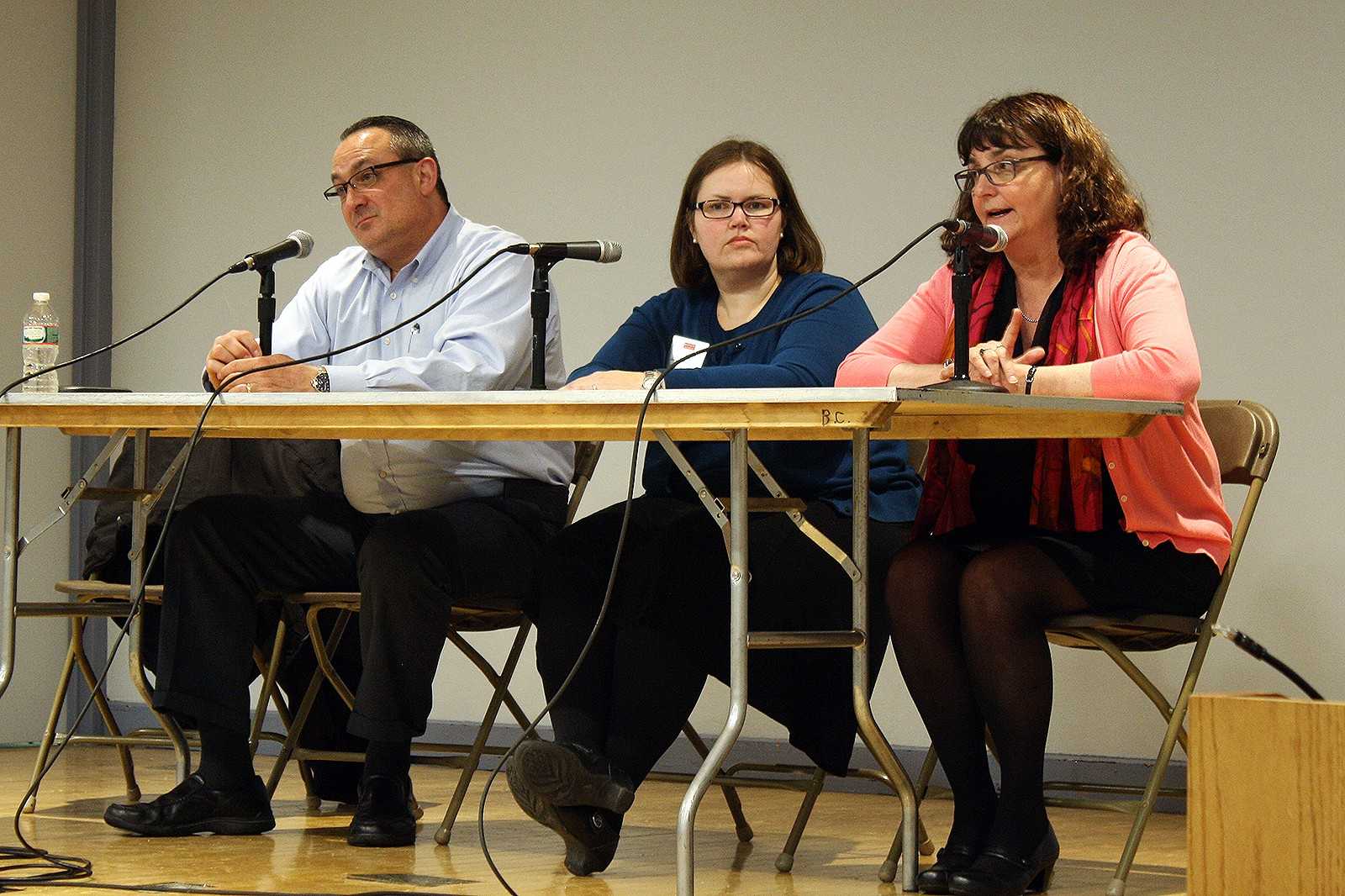 Boston University Police Department Detective Sgt. Peter Torchio, Deputy Title IX Coordinator for the College of Arts and Sciences Kerry Buglio and Sexual Assault and Response Prevention Director Maureen Mahoney spoke at a panel following a screening of “Hunting Ground” as part of sexual assault awareness week Thursday night. PHOTO BY BETSEY GOLDWASSER/DAILY FREE PRESS STAFF