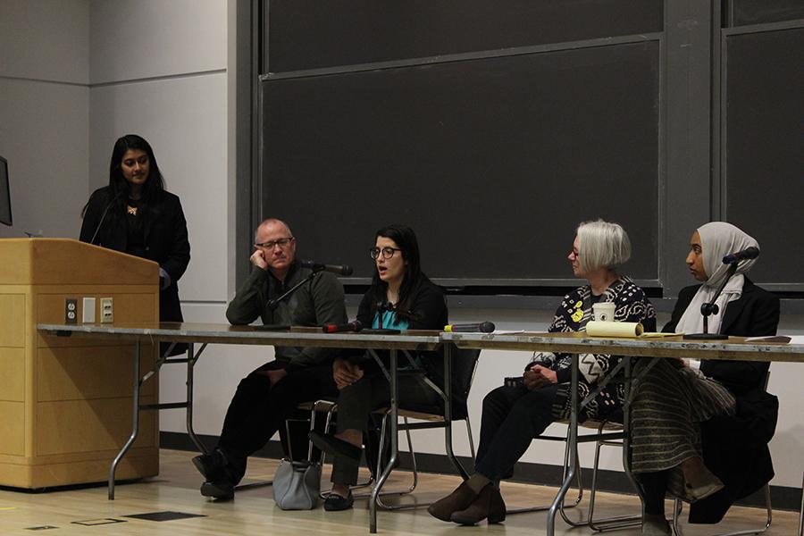 Elena Noureddine speaks during “Human Rights One Year Into the Trump Administration.” The event was hosted by Amnesty International at Boston University. PHOTO BY JENNA MANTO/DAILY FREE PRESS STAFF
