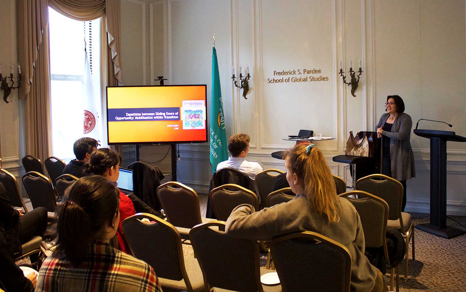 María Inclán speaks at the Frederick S. Pardee School of Global Studies Thursday evening about her research on social movements, protest and democracy. PHOTO BY MAGGIE LEONE/ DAILY FREE PRESS STAFF