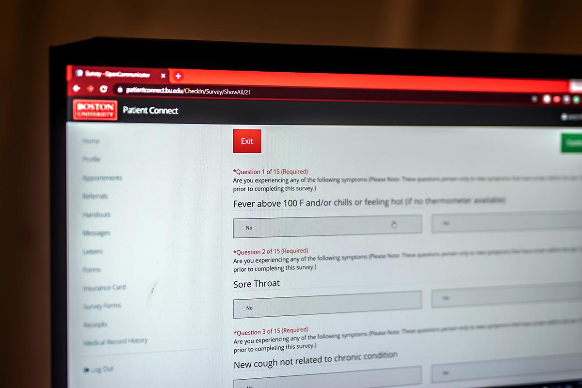 Symptom Screening survey on the Boston University Patient Connect website. Instead of using an app as initially planned for actions relating to COVID-19, the BU community must use the Healthway web portal this Fall. ILLUSTRATION BY LAURYN ALLEN/ DAILY FREE PRESS STAFF
