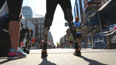 Runners in the Boston Marathon approach the finish line in a still from the HBO documentary “Marathon: The Patriots Day Bombing.” PHOTO COURTESY HBO 