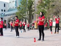 Boston university pep band performs in marsh plaza