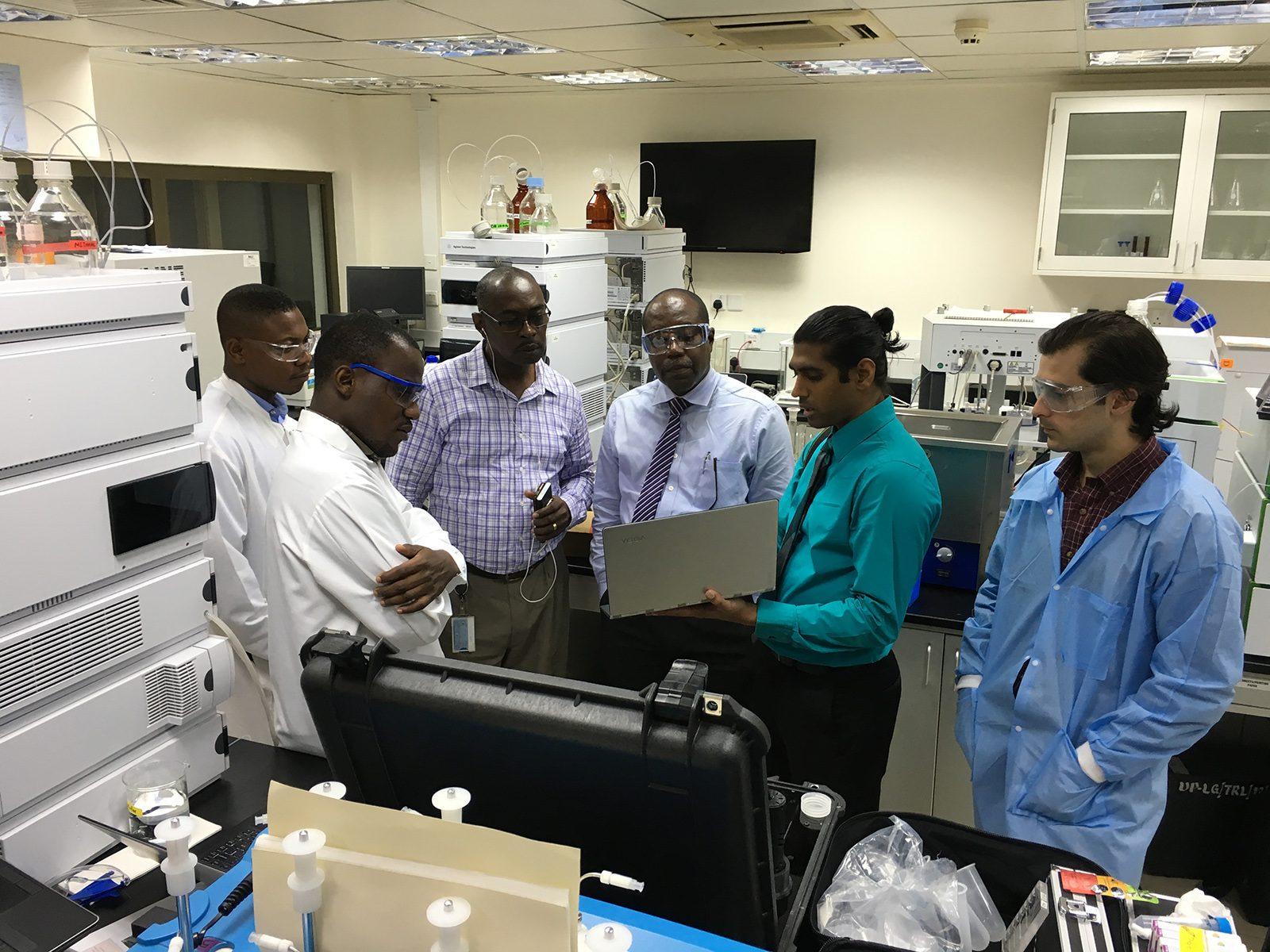 Boston University professor Muhammad Zaman at a field trial in 2016 for PharmaChk. Zaman has partnered with Merck Global Health Innovation Fund to create PharmaChk, a potentially life-saving medical device that identifies poor quality and fake medicines. COURTESY OF WOLFGANG KRULL
