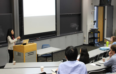 Wencen Wu, engineering professor at Rensselaer Polytechnic Institute, speaks during the “Bio-inspired Distributed Sensing with Mobile Sensor Networks” talk on Friday. PHOTO BY RACHEL MCLEAN/DAILY FREE PRESS STAFF
