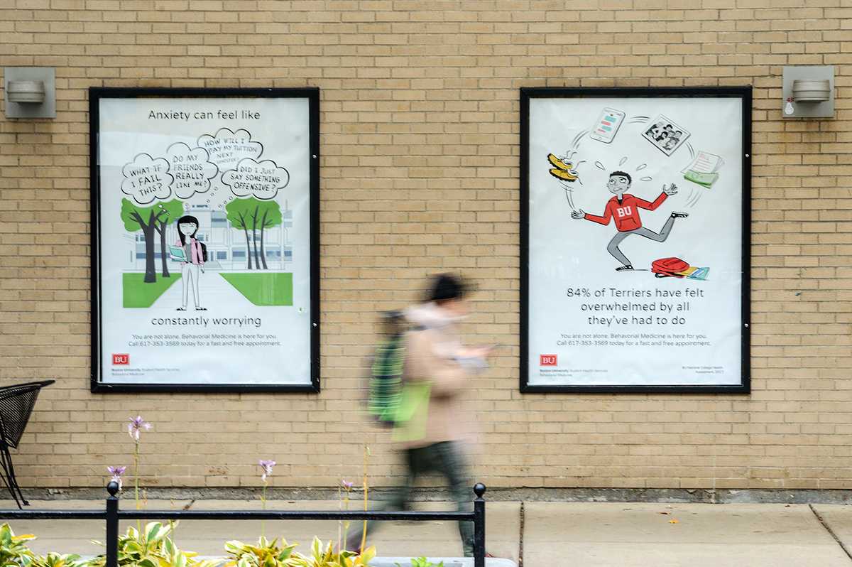 Boston University launched a mental health awareness campaign Monday, including posters on anxiety outside Warren Towers. VIGUNTHAAN THARMARAJAH/ DAILY FREE PRESS STAFF