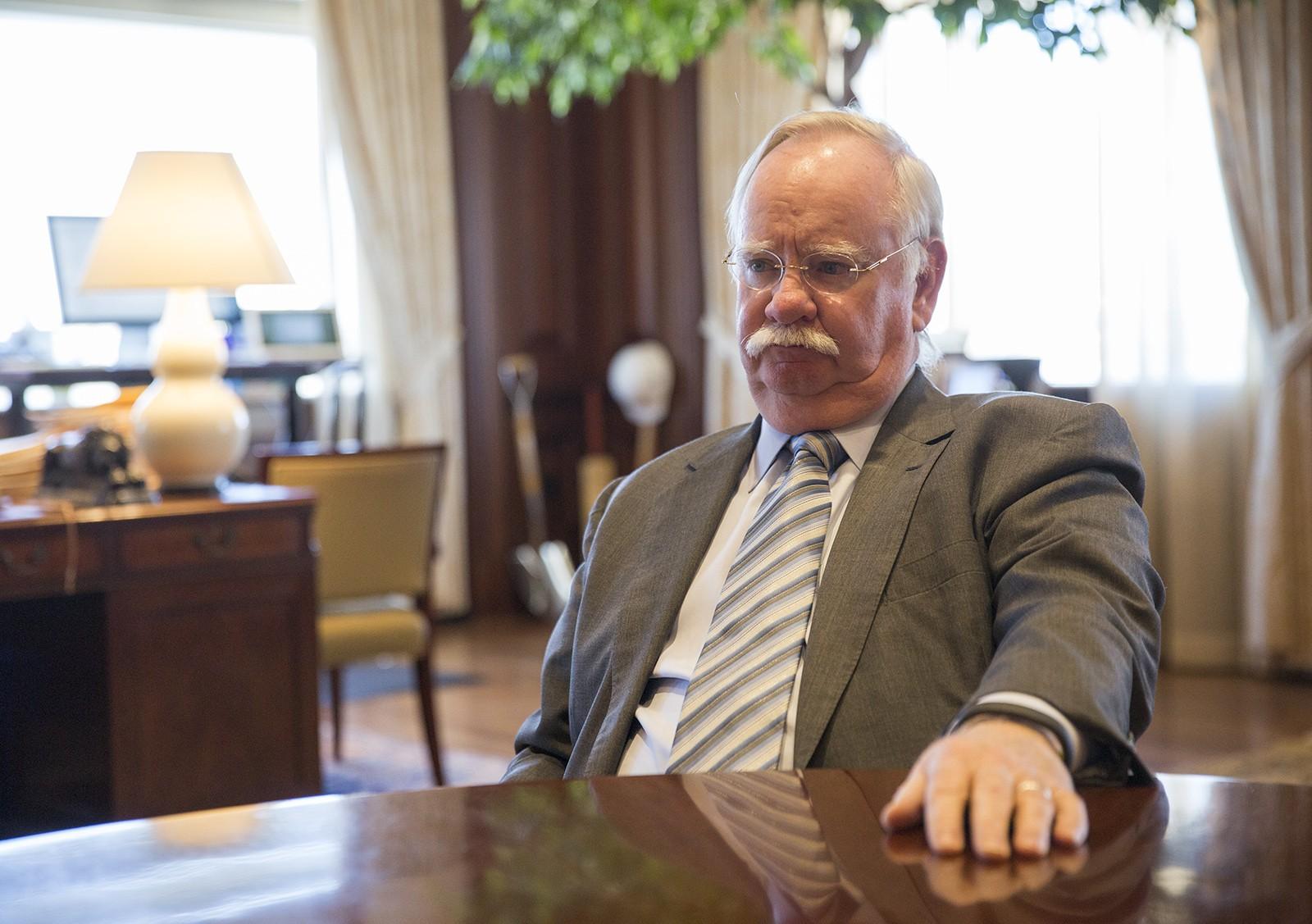 Boston University President Robert Brown discusses BU's involvement in the current political climate, including action on divestment, diversity and climate change. PHOTO BY SARAH SILBIGER/ DAILY FREE PRESS STAFF