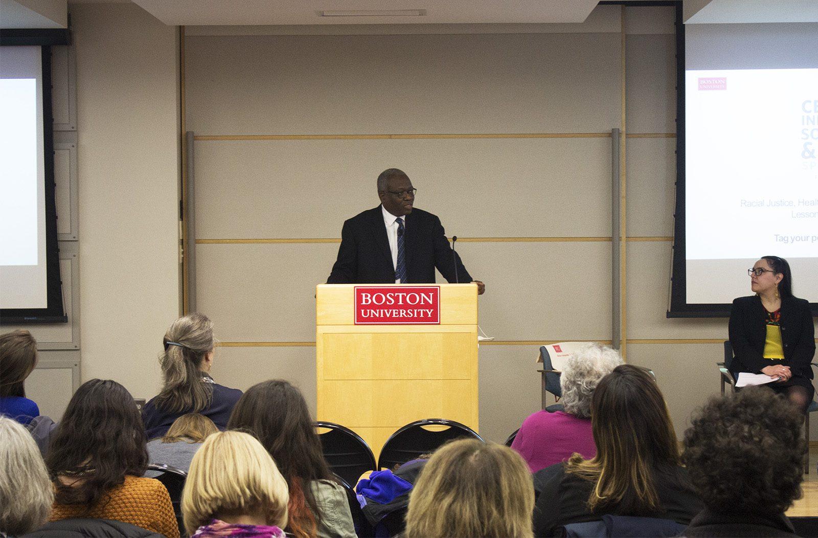 Boston University's School of Social Work hosts a panel to discuss the role of social work in reducing health inequities Thursday night at the Photonics Center. PHOTO BY BRIAN MCHALE/ DAILY FREE PRESS STAFF