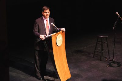 Boston Mayor Martin Walsh delivers the introductory remarks for a series of conversations on race in Boston. PHOTO BY BRIAN SONG/ DAILY FREE PRESS STAFF 