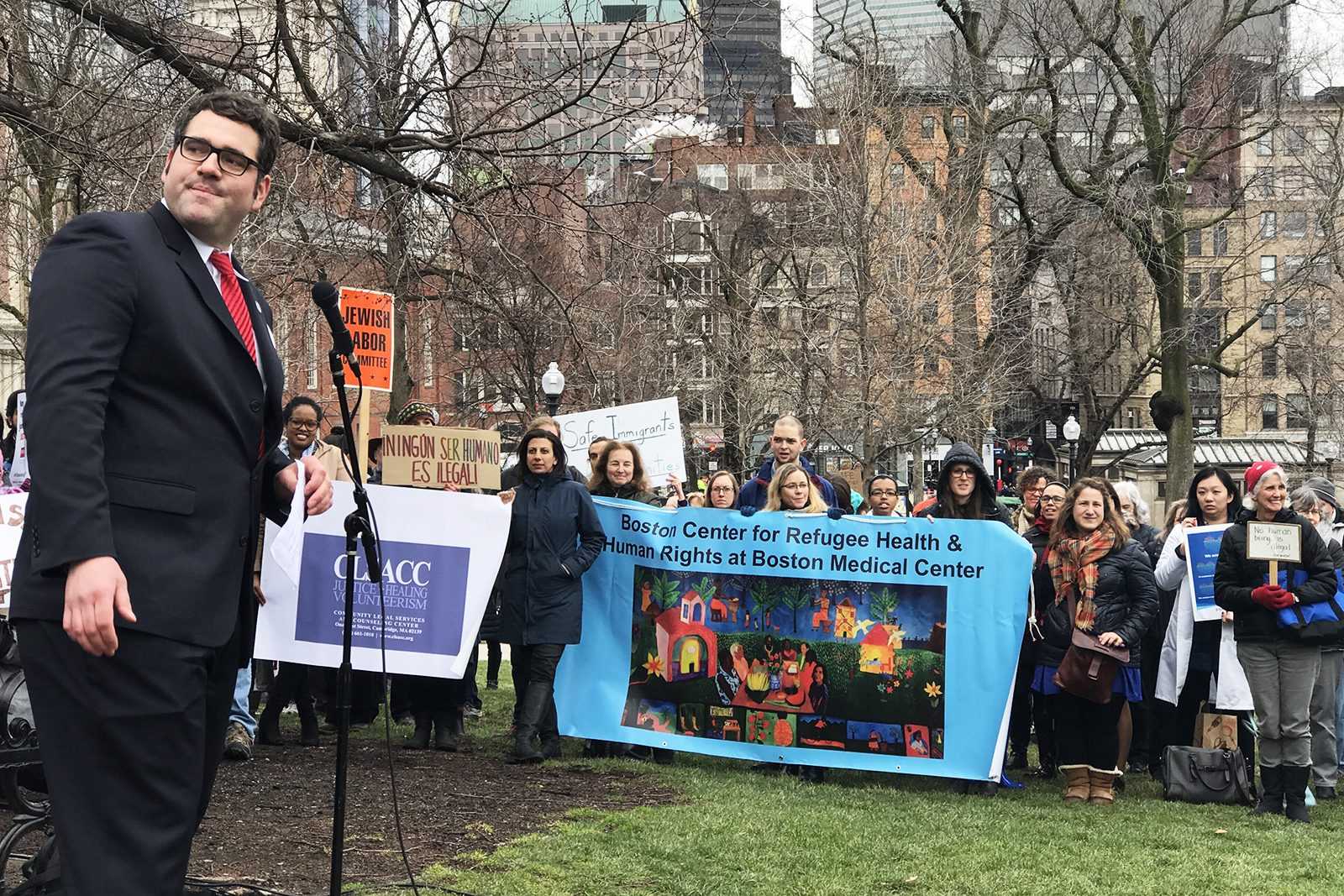 State Rep. Mike Connolly speaks at the Boston Common Wednesday afternoon and encourages Massachusetts legislators to pass the Safe Communities Act. PHOTO BY KECHENG LIU/ DAILY FREE PRESS STAFF