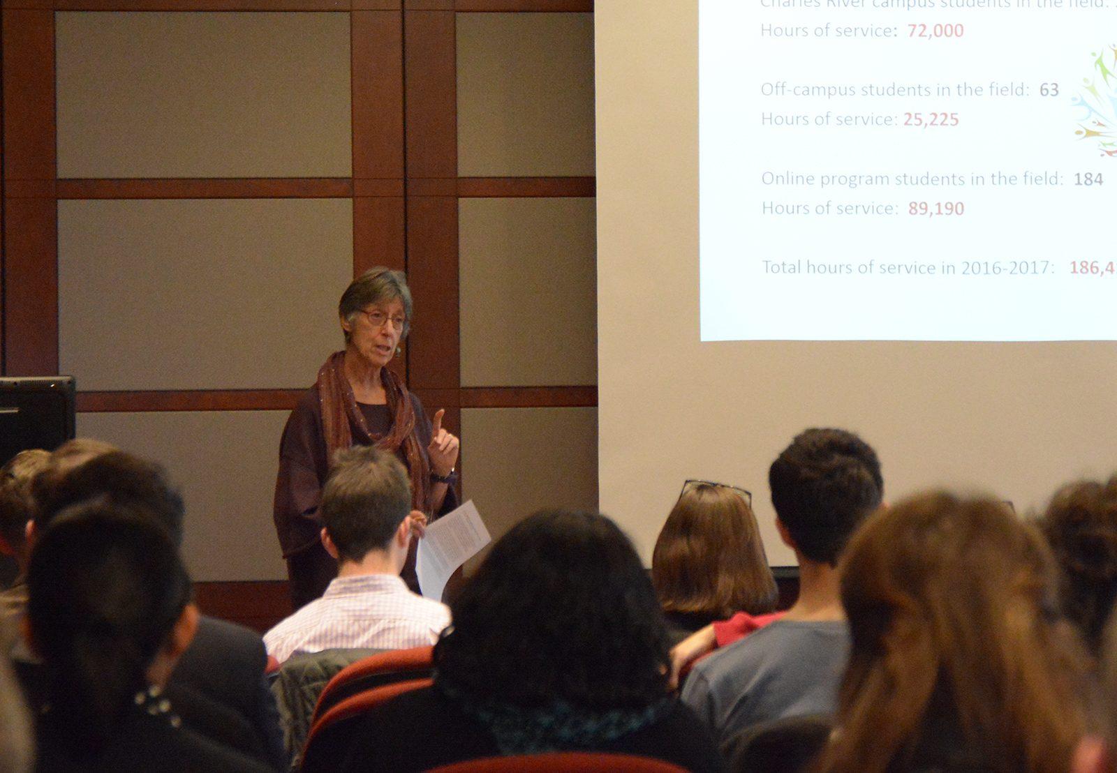 Trudy Zimmerman speaks at the Boston University Initiative on Cities’ “Reducing Disparities and Promoting Well-Being in Boston: The Role of the BU Community” discussion Wednesday in the Questrom School of Business. PHOTO BY JESS RICHARDSON/ DAILY FREE PRESS STAFF