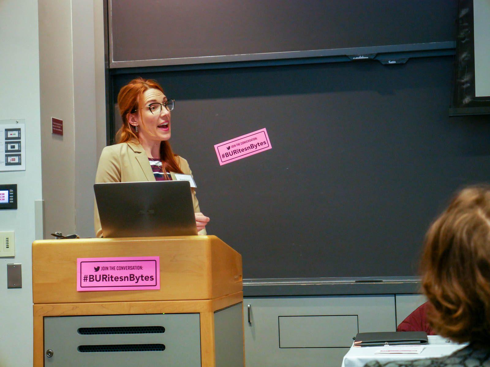 Amanda J. G. Napior, doctoral candidate of religion and society at Boston University, speaks at the “BU Graduate Student Conference on Religion and Technology” Saturday. FELIX PHILLIPS/ DAILY FREE PRESS STAFF