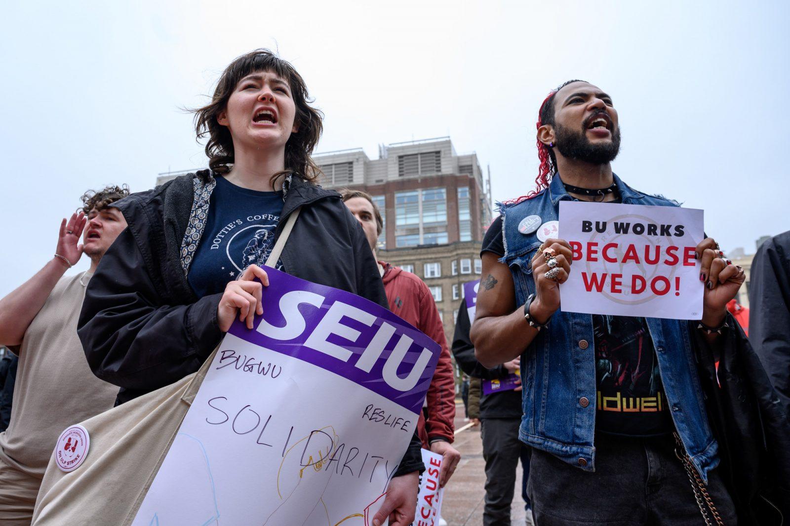 Supporters of the ResLife Union chant at a union rally  in Marsh Plaza at the start of a four-day strike on Friday, April 12, 2024. After unsuccessful negotiations with BU administration, the union continues to strike for increased wages, health care benefits and rights to accommodations. ANDREW BURKE-STEVENSON/DFP PHOTOGRAPHER