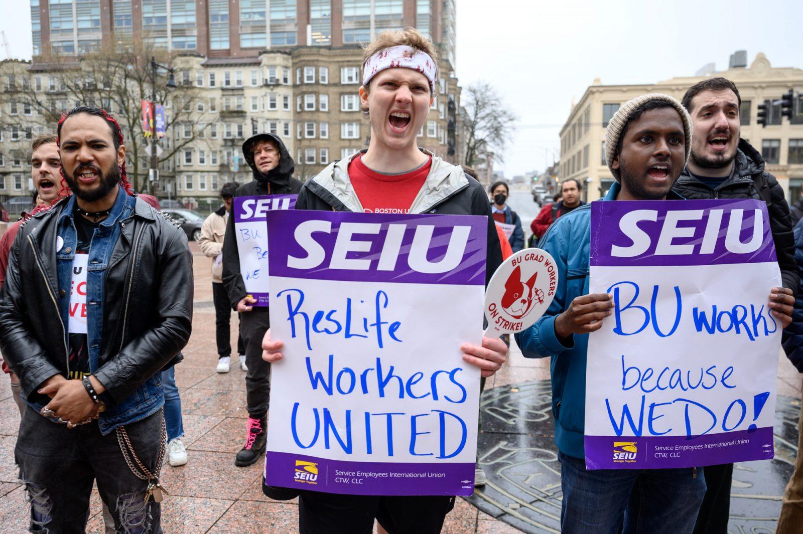 Supporters of the ResLife Union chant at a ResLife Union rally at the start of their four-day strike in Marsh Plaza on Friday, April 12, 2024.