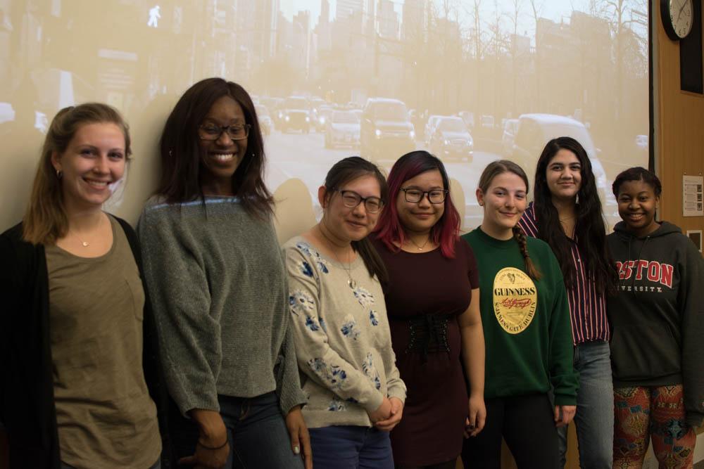 Boston University students Erin Billings, Alanna Iwuh, Jane Zhao, Michelle Yee, Elizabeth McGrath, Sana Mehta and Taylor Feaster attend the “Road to Home" screening. The film “A Road to Home” followed the lives of six LGBT homeless youth. PHOTO BY VIOLET GIDDINGS/DAILY FREE PRESS STAFF 

