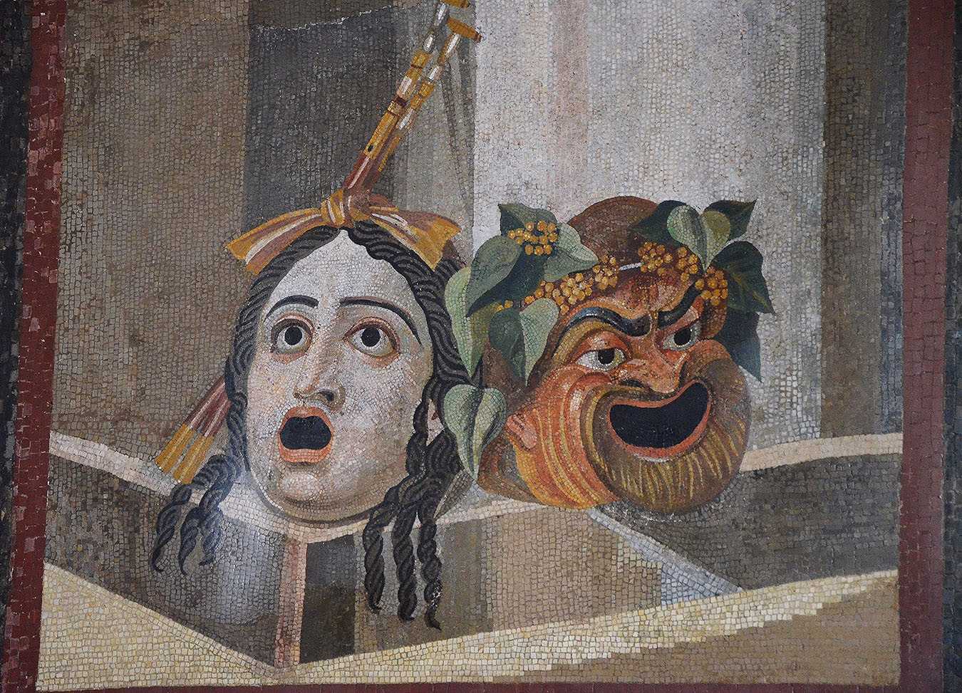 Roman Tragedy and Comedy theatrical masks. Students in Boston University's Roman in Translation class performed Plautus' “The Menaechmi” virtually Tuesday. COURTESY OF CAROLE RADDATO VIA FLICKR