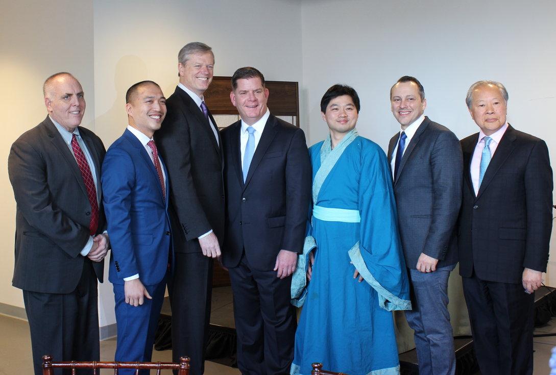 Massachusetts Governor Charlie Baker and Boston Mayor Martin Walsh attended the Chinatown Neighborhood Center’s 50th anniversary tea ceremony on Friday. HALEY LERNER / DAILY FREE PRESS STAFF