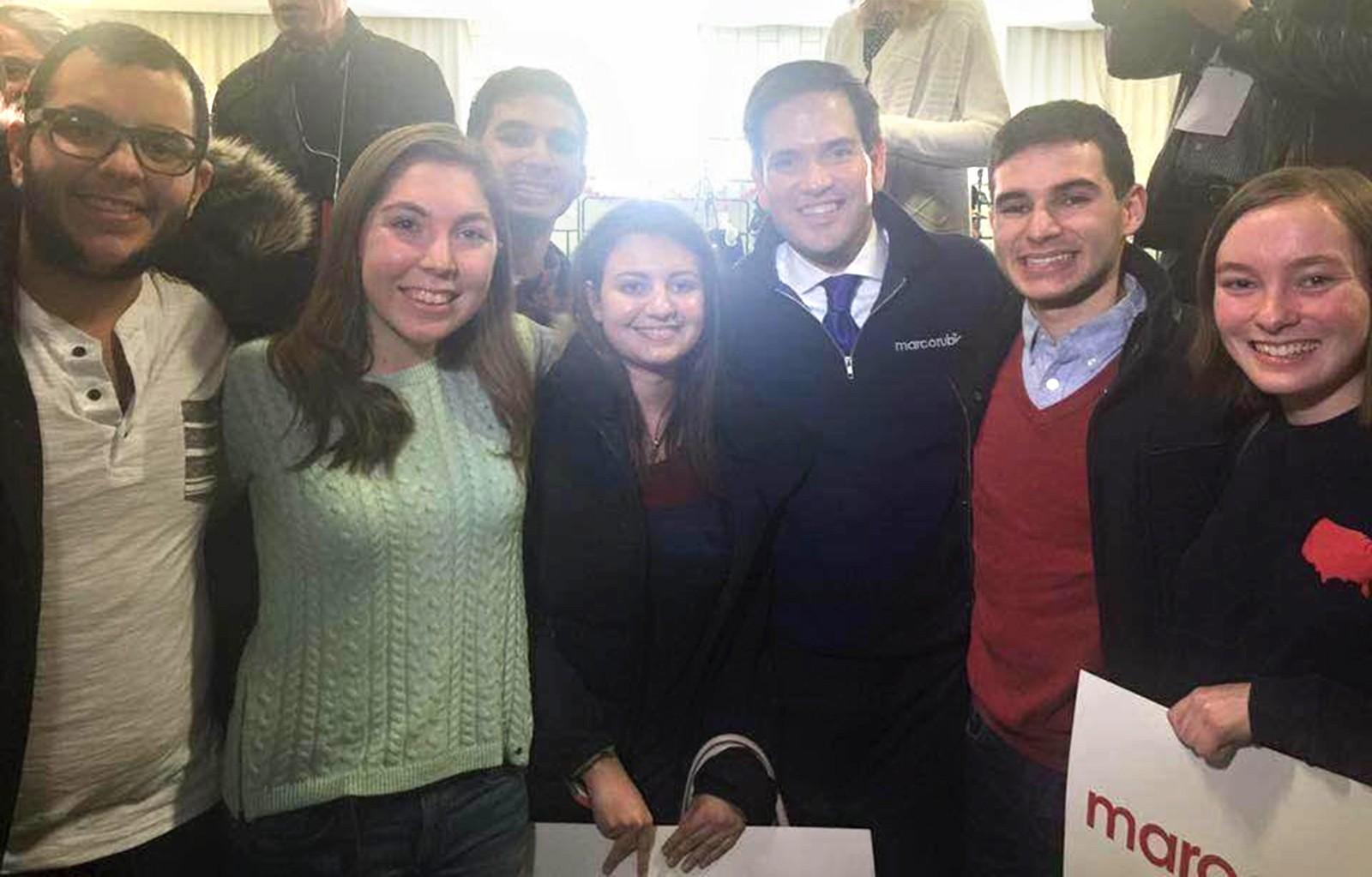 Members of BU College Republicans pose with presidential candidate Marco Rubio at a town hall meeting Monday. The group plans to attend the New Hampshire primary election Tuesday. PHOTO COURTESY BU COLLEGE REPUBLICANS
 