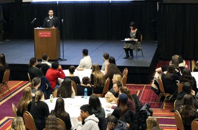 Laurence Bolotin, executive director of Zeta Beta Tau, speaks to attendees at “Safe Smart Dating” in the Metcalf Ballroom at Boston University Tuesday night. PHOTO BY MAE DAVIS/DAILY FREE PRESS STAFF