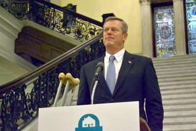 Massachusetts Gov. Charlie Baker speaks Wednesday in the Massachusetts Statehouse during the Safe Home Coalition launch in Boston to address prescription drug misuse. PHOTO BY ELAINE ANDERSON/DAILY FREE PRESS CONTRIBUTOR
