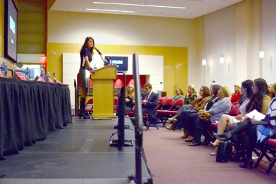 Emmy-nominated producer and 1998 alumnus of the College of Communication Nancy Armstrong speaks at the Inaugural BU Women's Leadership Symposium held Tuesday in the Francis D. Burke Club Room at Agganis Arena. PHOTO BY SAVANAH MACDONALD/DAILY FREE PRESS STAFF