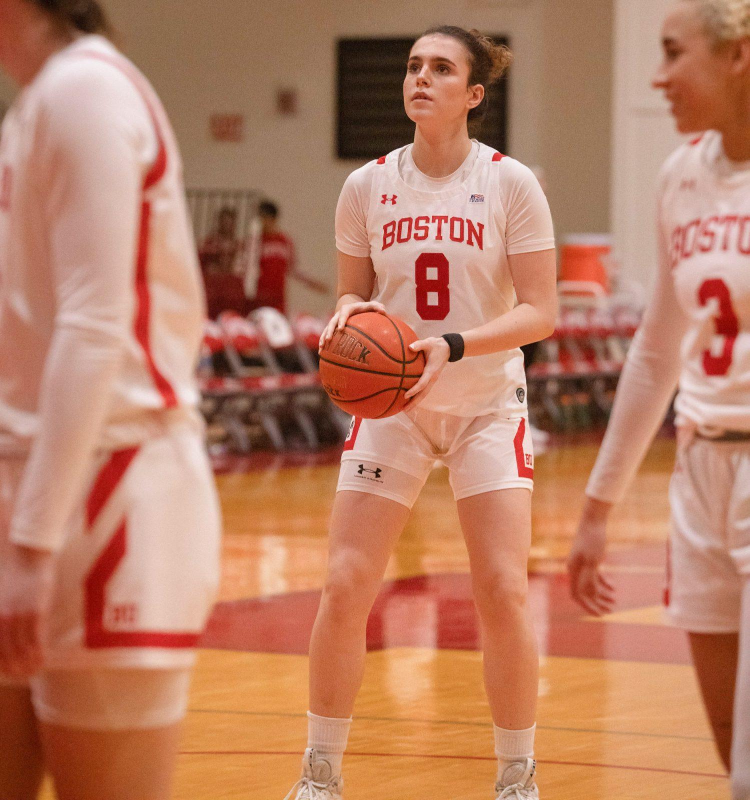 Freshman guard Aina Grane Torres (8) prepares to shoot a free throw in a game against Lehigh University on Feb. 28. The Terriers fell to Colgate University 77-40 on Wednesday, ending their bid for the first seed going into the Patriot League. ZACH SCHWARTZ/ DFP PHOTOGRAPHER