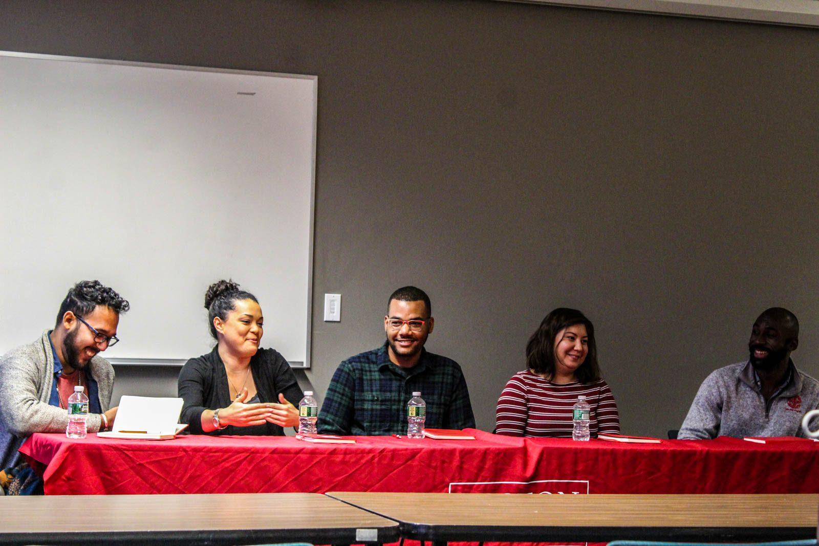 From left to right: Michael Rosario, Kiloni Quiles-Franco, Luis Ramirez, Alicia Wooten and Chinaemere Igwebuike partake in the “What Does a Scientist Look Like?” panel Tuesday. RACHEL SHARPLES/ DAILY FREE PRESS STAFF