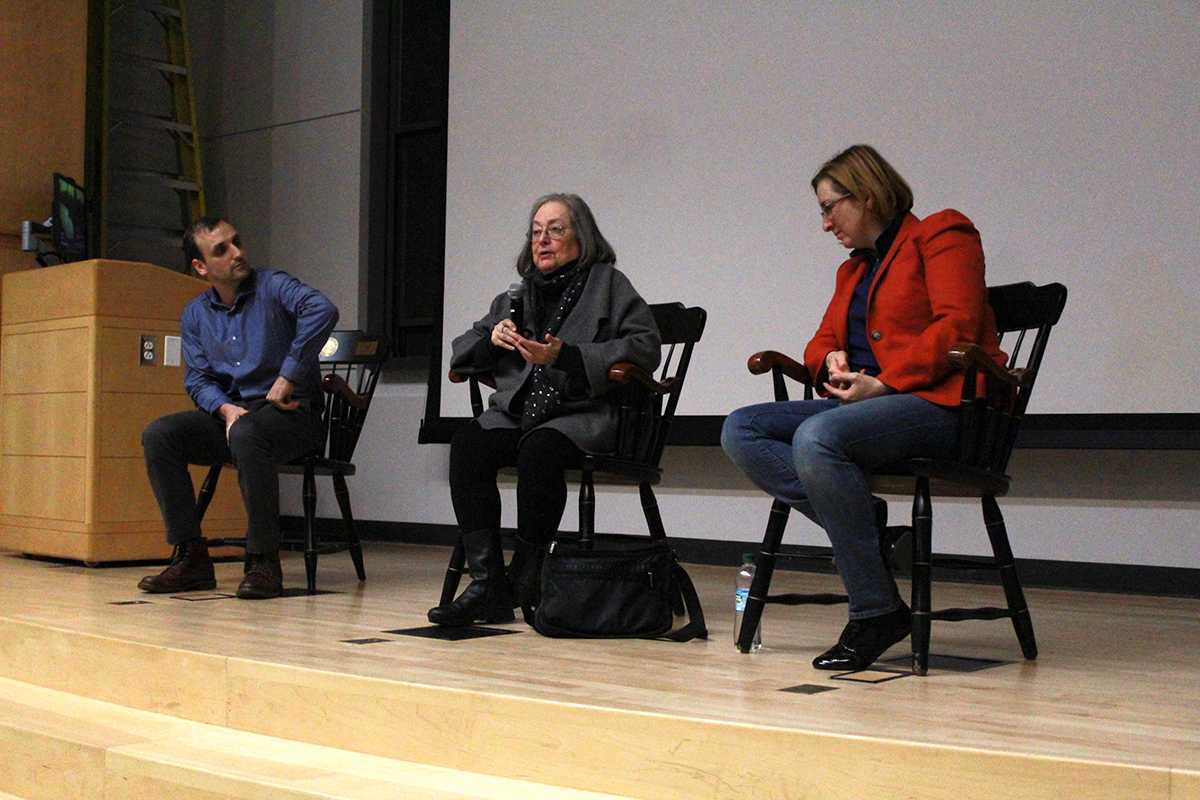 From left to right: Yuri Connigan, Judith Wechsler and Anna Winestein partake in a Q&amp;A session after the screening of Wechsler’s film “Svetlana Boym: Exile and Imagination” Monday evening. LAUREN RICHARDS/ DAILY FREE PRESS STAFF