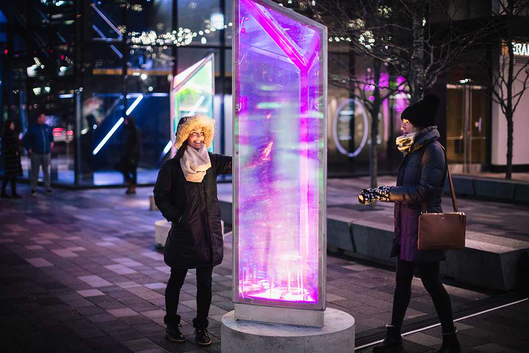“Prismatica” features interactive light panels that line Seaport Boulevard. The installation is on display through April 1. COURTESY OF BOSTON SEAPORT