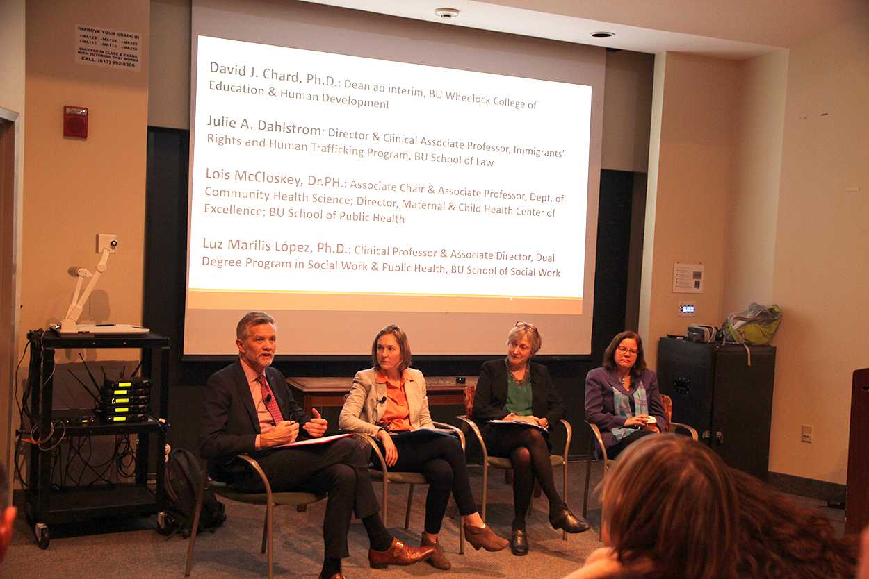 From left to right: David Chard, Julie Dahlstrom, Lois McCloskey and Lus Marilis López participate in Tuesday’s forum on the effects of family separation on children and communities hosted by Boston University’s Wheelock College of Education and Human Development. ZIJING FU/ DAILY FREE PRESS STAFF