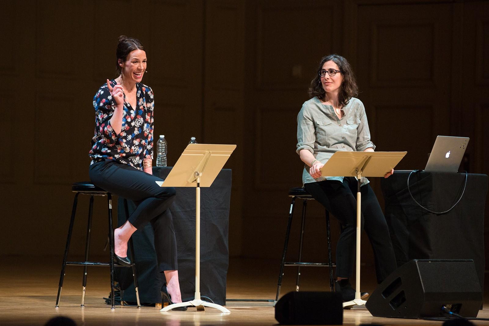 Creators of the popular podcast "Serial," Julie Snyder and Sarah Koenig, speak at an event hosted by Celebrity Series of Boston Wednesday night at Boston Symphony Hall. PHOTO COURTESY CELEBRITY SERIES OF BOSTON
 