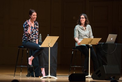 Creators of the popular podcast "Serial," Julie Snyder and Sarah Koenig, speak at an event hosted by Celebrity Series of Boston Wednesday night at Boston Symphony Hall. PHOTO COURTESY CELEBRITY SERIES OF BOSTON  