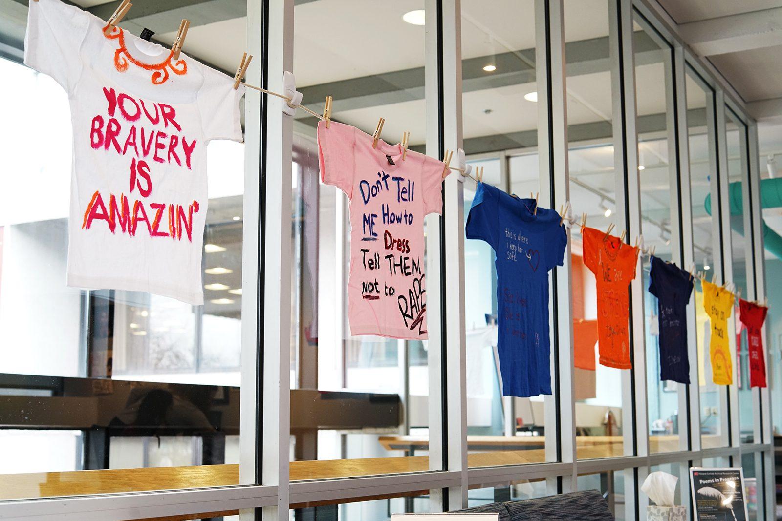 The Boston University Sexual Assault Response and Prevention Center collaborates with the BU Arts Initiative to create an exhibition to showcase how student artist responses to sexual assault, allyship and prevention. The exhibit will remain open at BU Arts Initiative's office from April 3 through April 12. PHOTO BY ALEXANDER NOVAKOVIC/ DAILY FREE PRESS STAFF