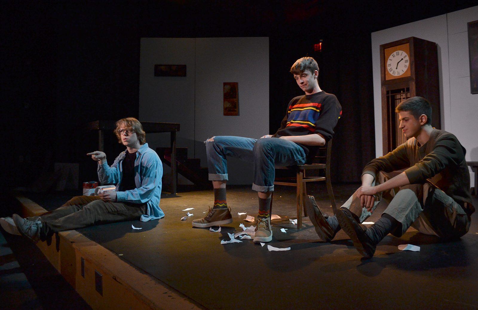 Jordan DeFilippo, Zachary Prescott and Eli Saracino star in Boston University Stage Troupe’s production of “Stupid F%$king Bird.” PHOTO BY CHLOE GRINBERG/ DAILY FREE PRESS STAFF 
