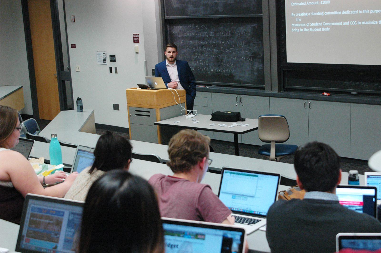 Dan Collins, Senate chair for Boston University Student Government, speaks at the SG Senate meeting on April 11 about SG President Jake Brewer’s proposal to create a Board of Trustees Oversight Committee. PHOTO BY ALEX MASSET/ DAILY FREE PRESS STAFF