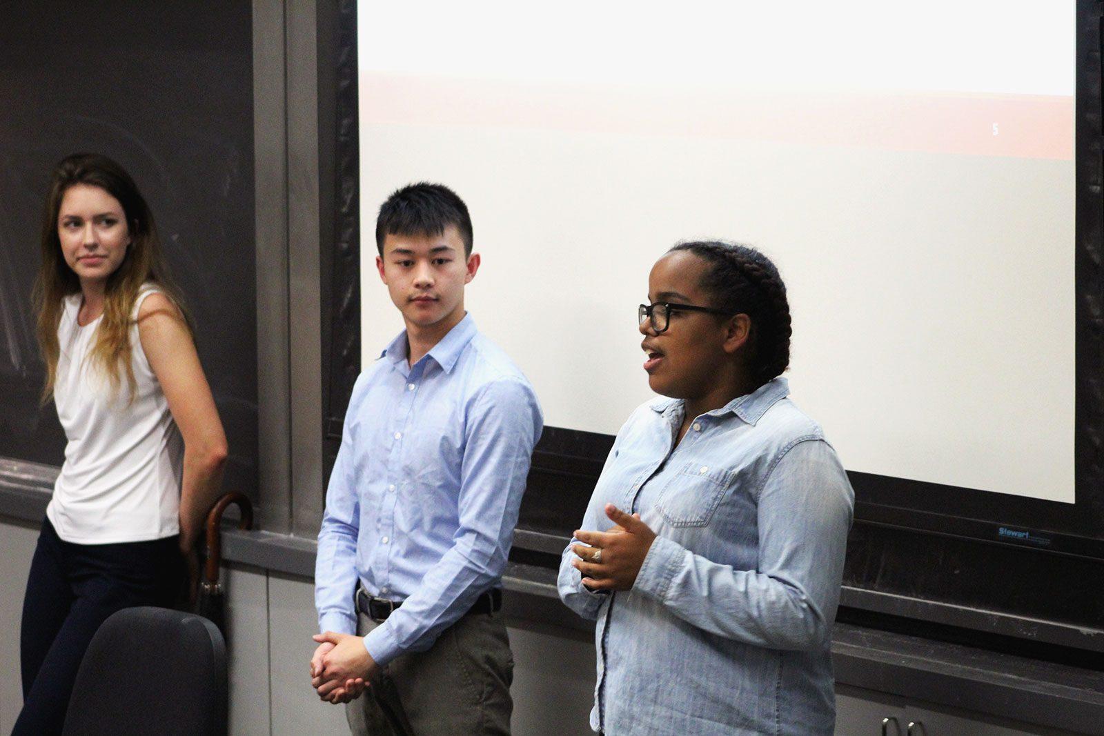 Marielis Perez speaks to students at the student government meeting Monday night. RACHEL SHARPLES/ DAILY FREE PRESS STAFF