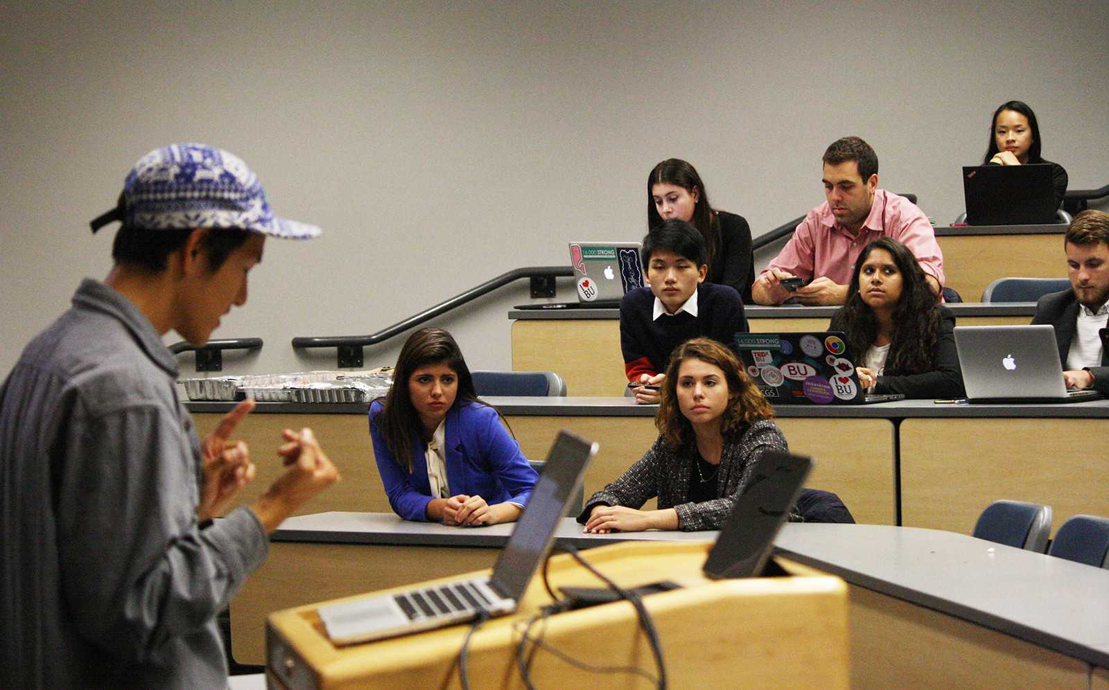 Boston University Student Government President Andrew Cho addresses students during the Senate meeting Monday night. PHOTO BY BETSEY GOLDWASSER/DAILY FREE PRESS STAFF