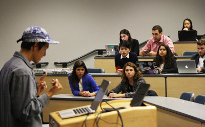 Boston University Student Government President Andrew Cho addresses students during the Senate meeting Monday night. PHOTO BY BETSEY GOLDWASSER/DAILY FREE PRESS STAFF