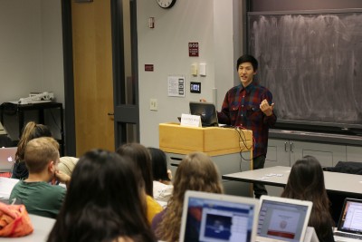 Andrew Cho, BU Student Government president, addresses members of the Senate at Tuesday night’s meeting in the Photonics building. PHOTO BY BRITTANY CHANG/DAILY FREE PRESS STAFF