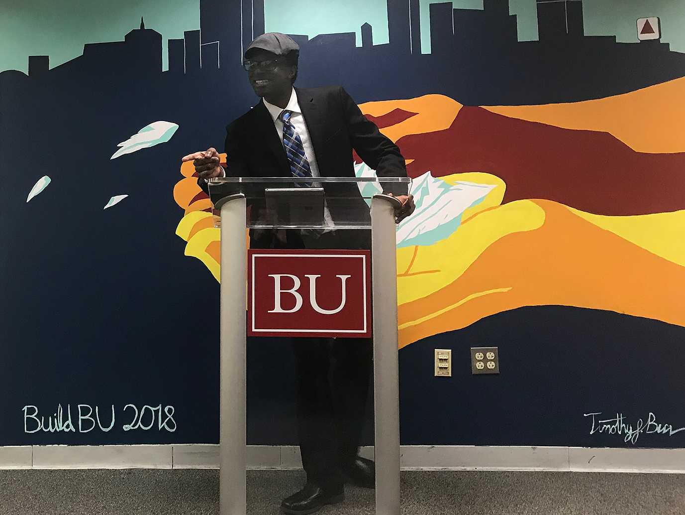 Nehemiah Dureus of the Boston University Student Government takes questions at a press conference Sunday evening. LEXI MATTHEWS/ DAILY FREE PRESS STAFF